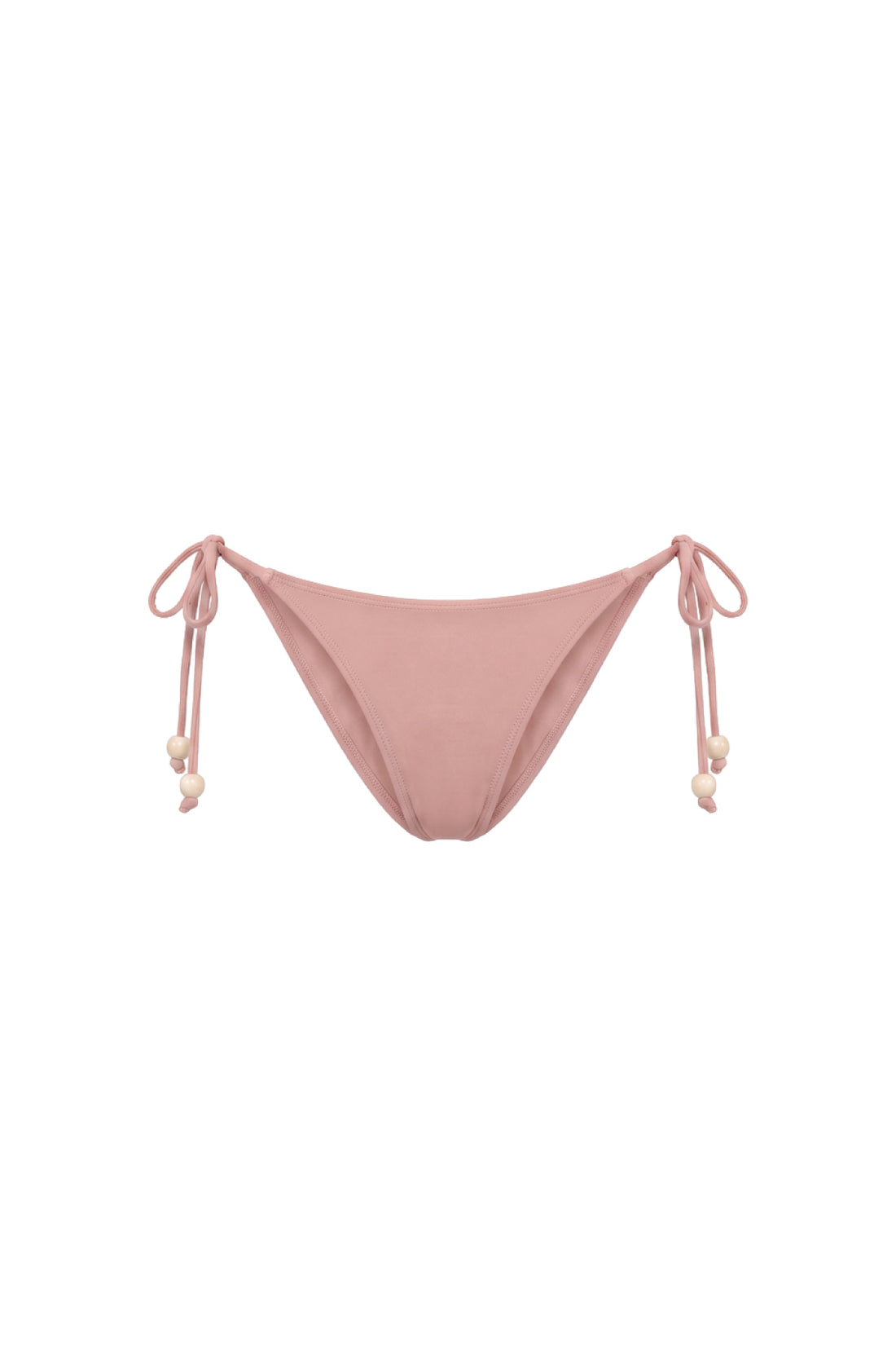A dusty pink string bikini bottom with side ties and small bead accents, displayed against a solid white background.