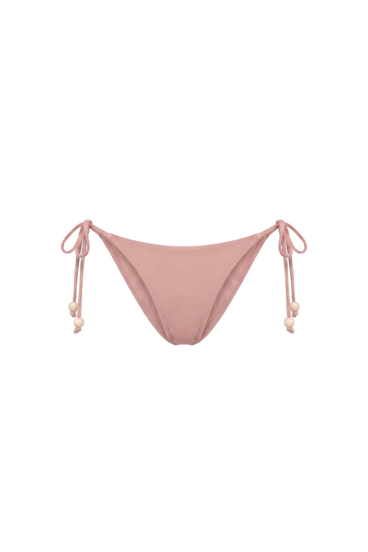 A dusty pink string bikini bottom with side ties and small bead accents, displayed against a solid white background.