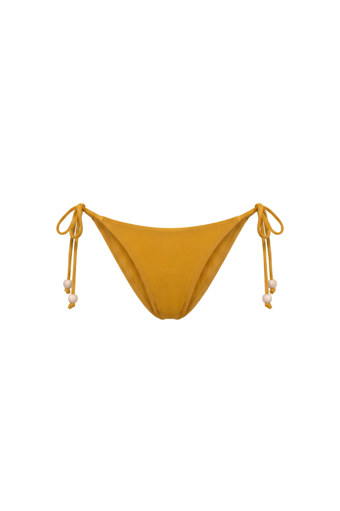 A mustard yellow string bikini bottom with side ties and small white bead accents, shown against a plain white background.