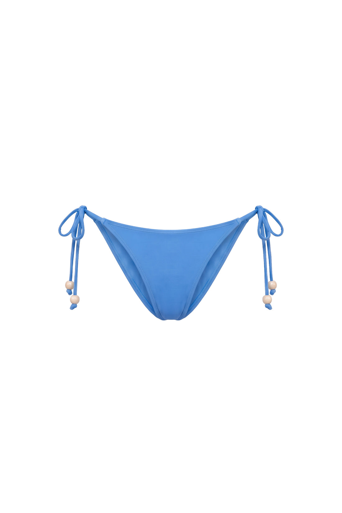 A bright blue string bikini bottom with side ties and small wooden beads, shown against a plain white background.