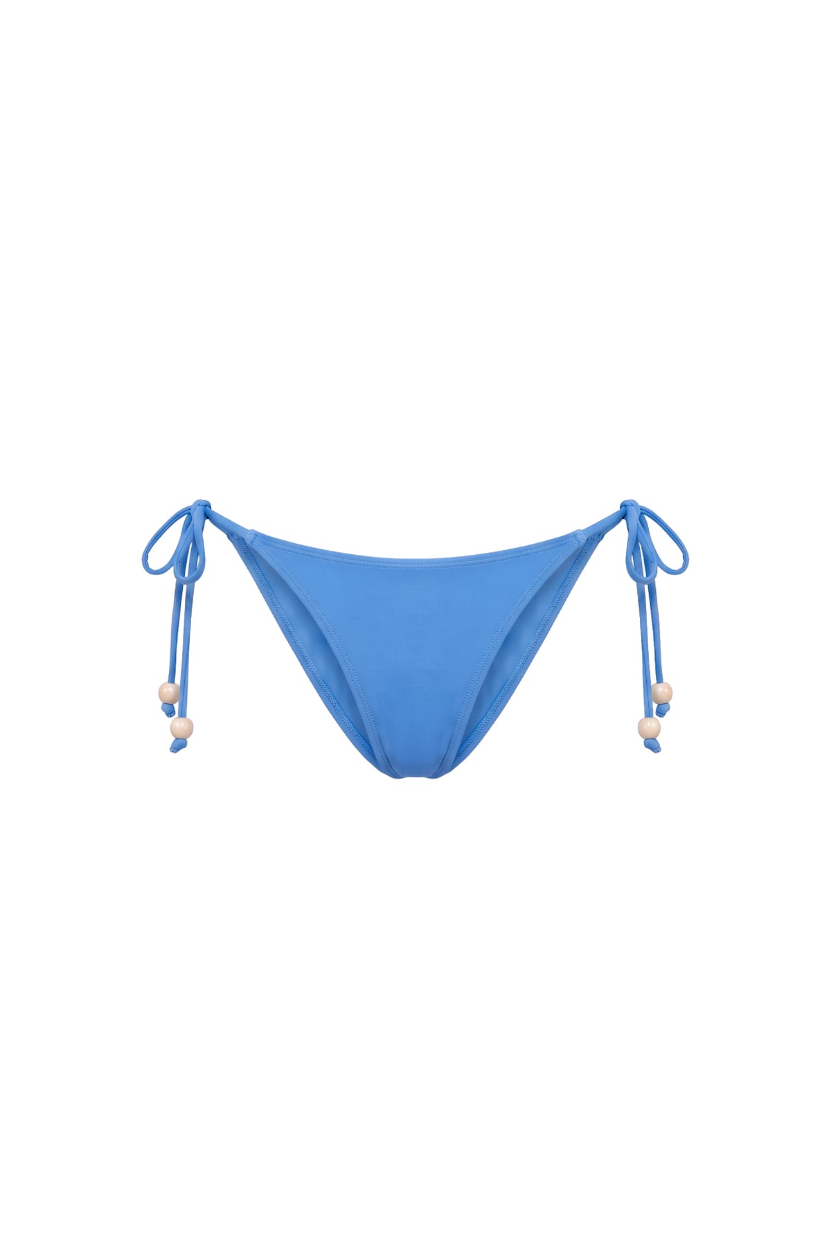 A bright blue string bikini bottom with side ties and small wooden beads, shown against a plain white background.