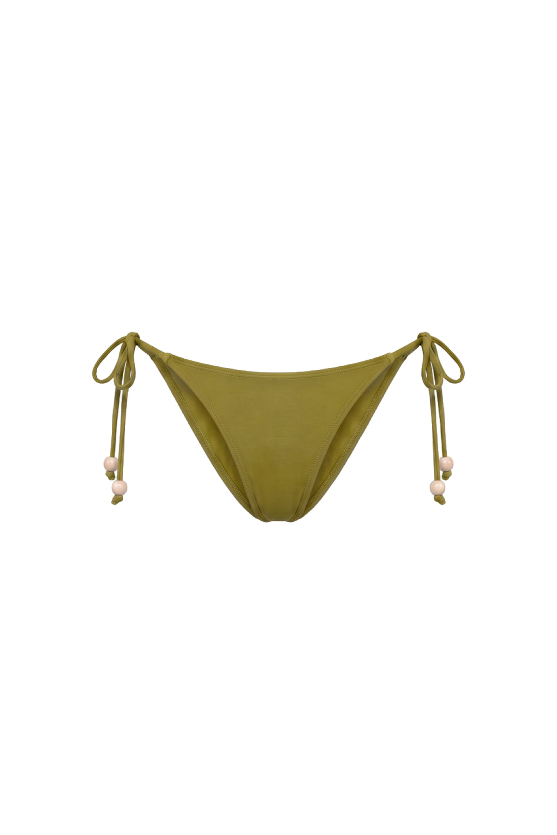 An olive green string bikini bottom with side ties and small bead accents, displayed against a solid white background.