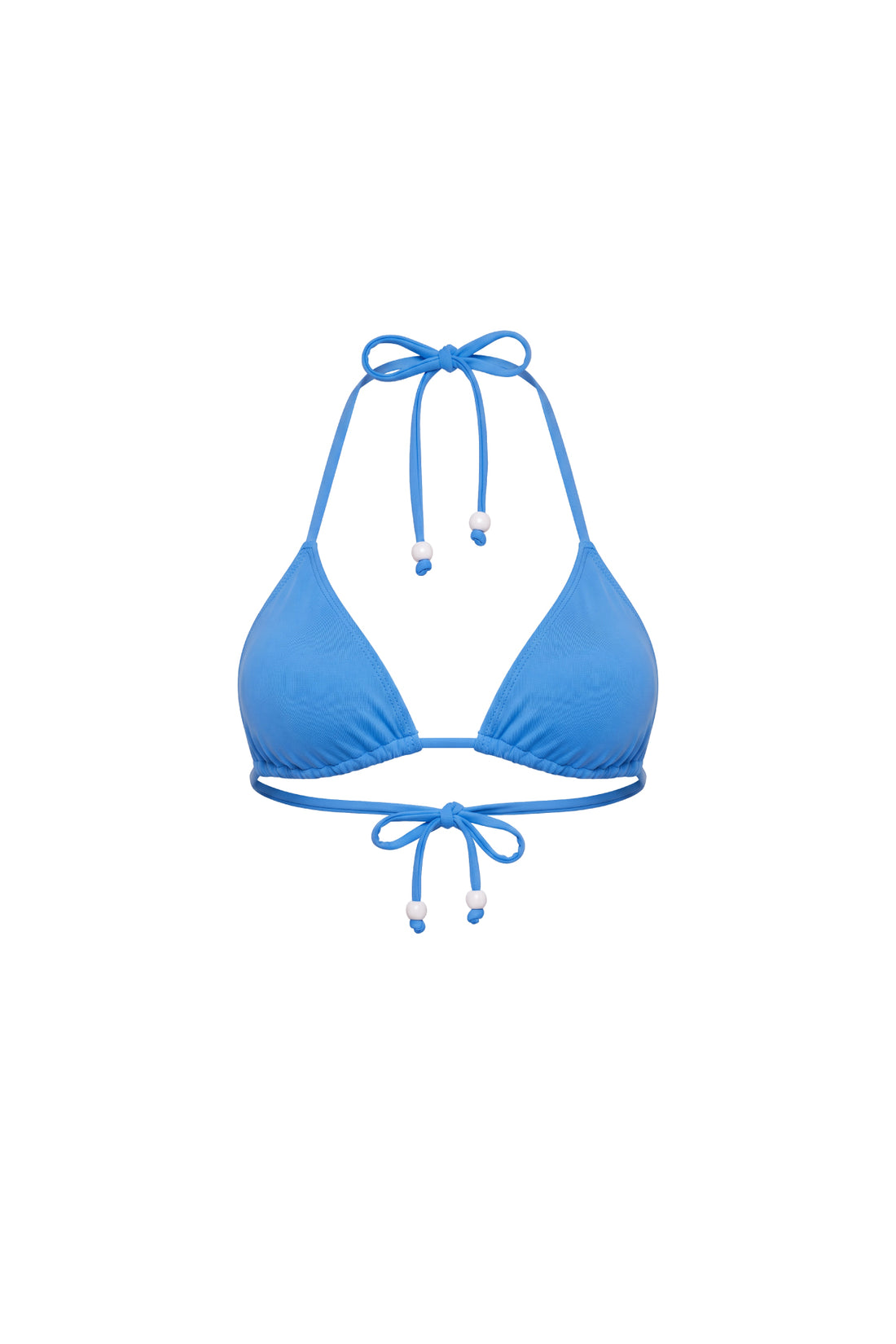 A bright blue triangle bikini top with halter-style neck ties and a front tie detail, shown flat against a solid white background.