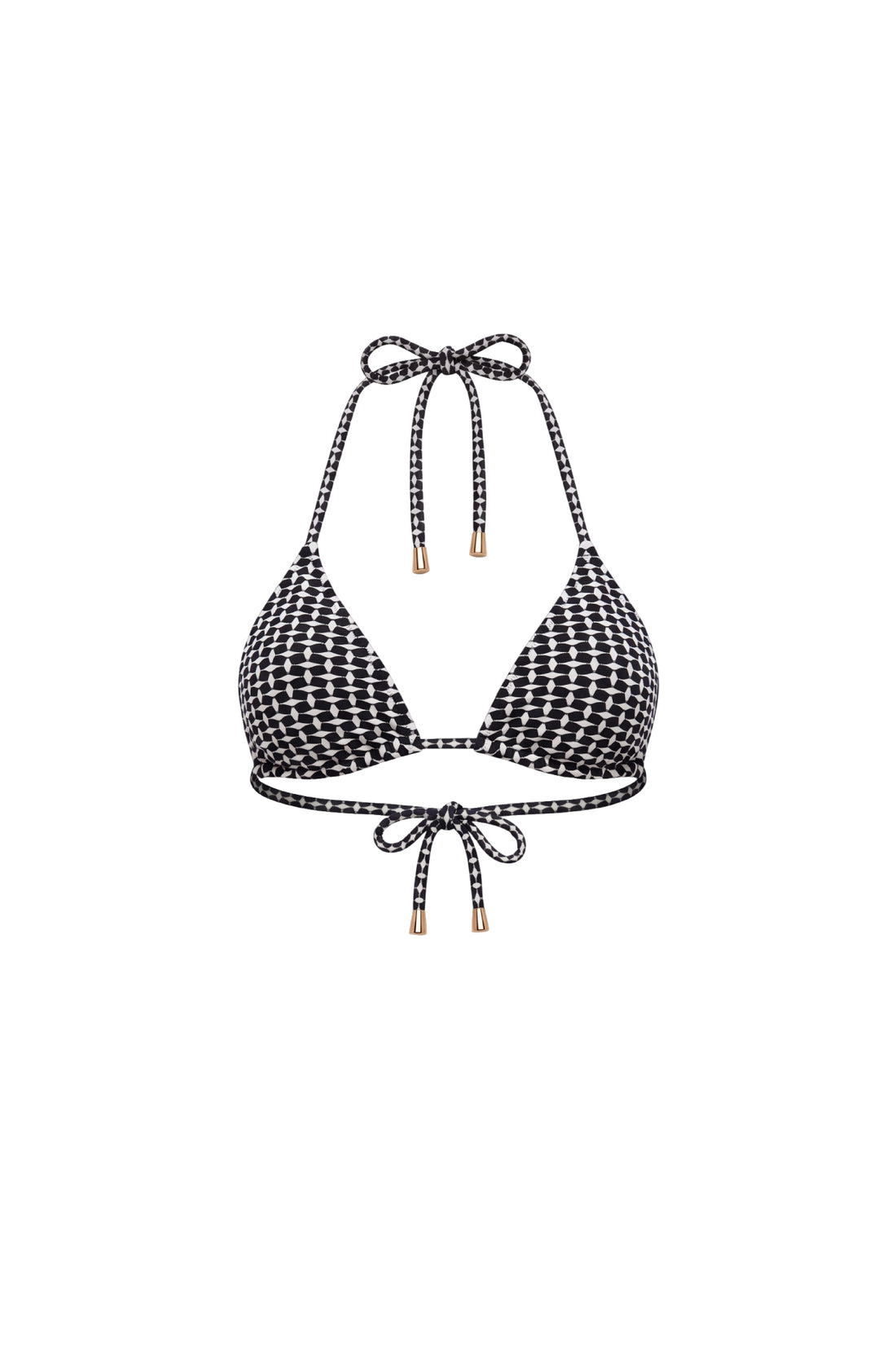 Black and white houndstooth patterned halter bikini top with tie-front straps and small gold-toned tips, shown on a plain white background.