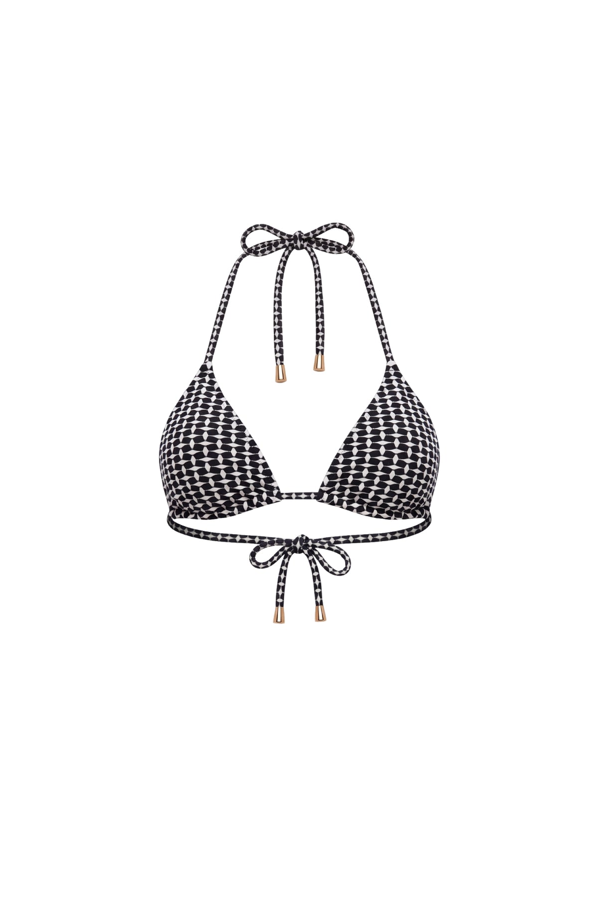 Black and white houndstooth patterned halter bikini top with tie-front straps and small gold-toned tips, shown on a plain white background.