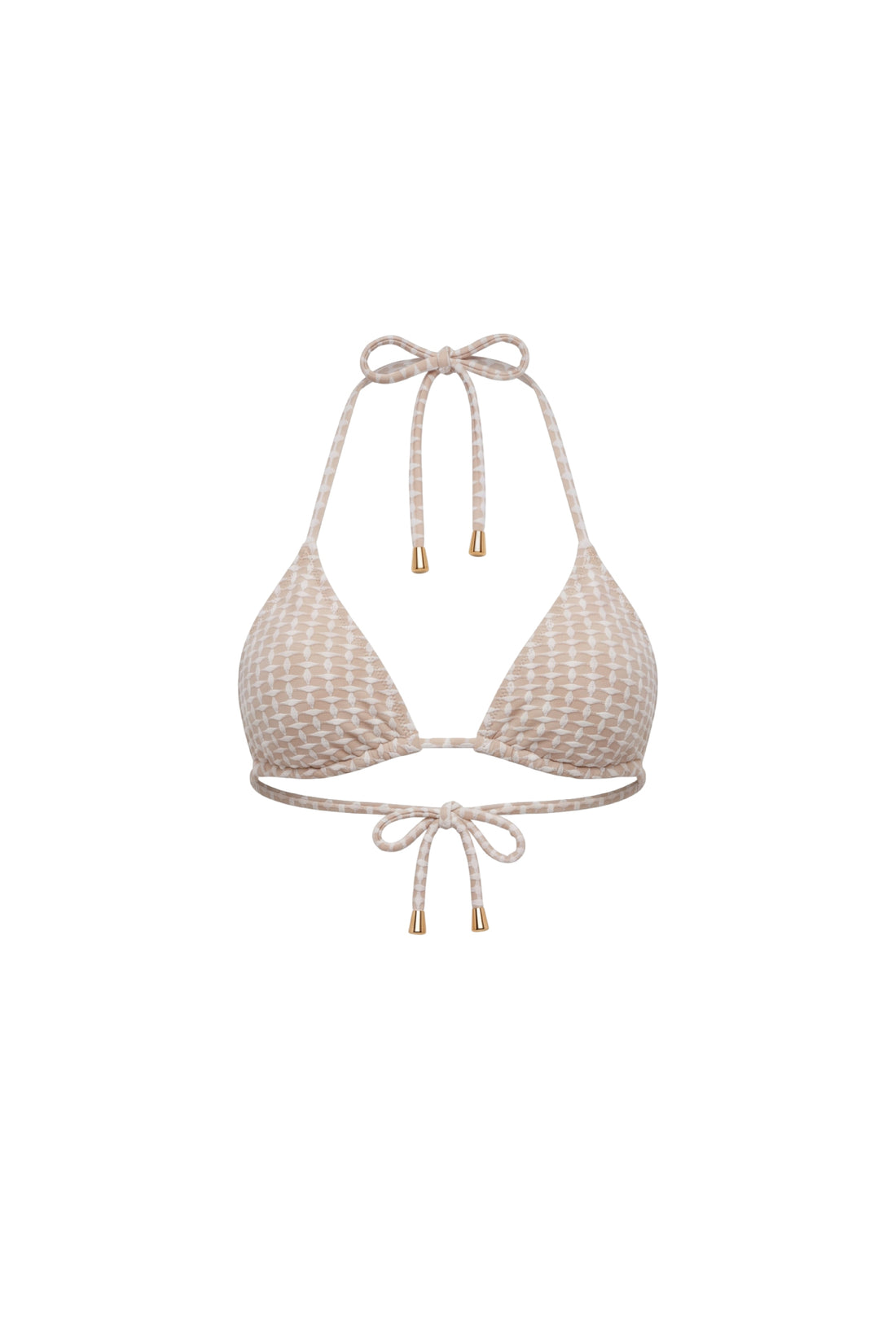 A beige and white checkered halter bikini top with tie details, shown against a plain white background.
