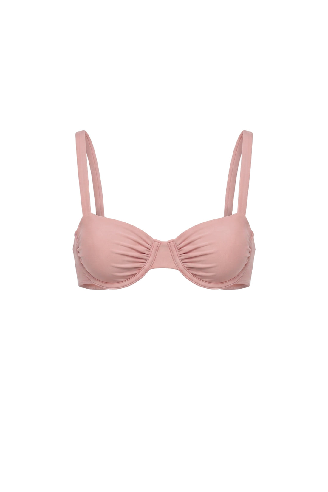 A dusty pink molded-cup bralette with thin adjustable shoulder straps and a gathered ruched center front, shown against a plain white background.