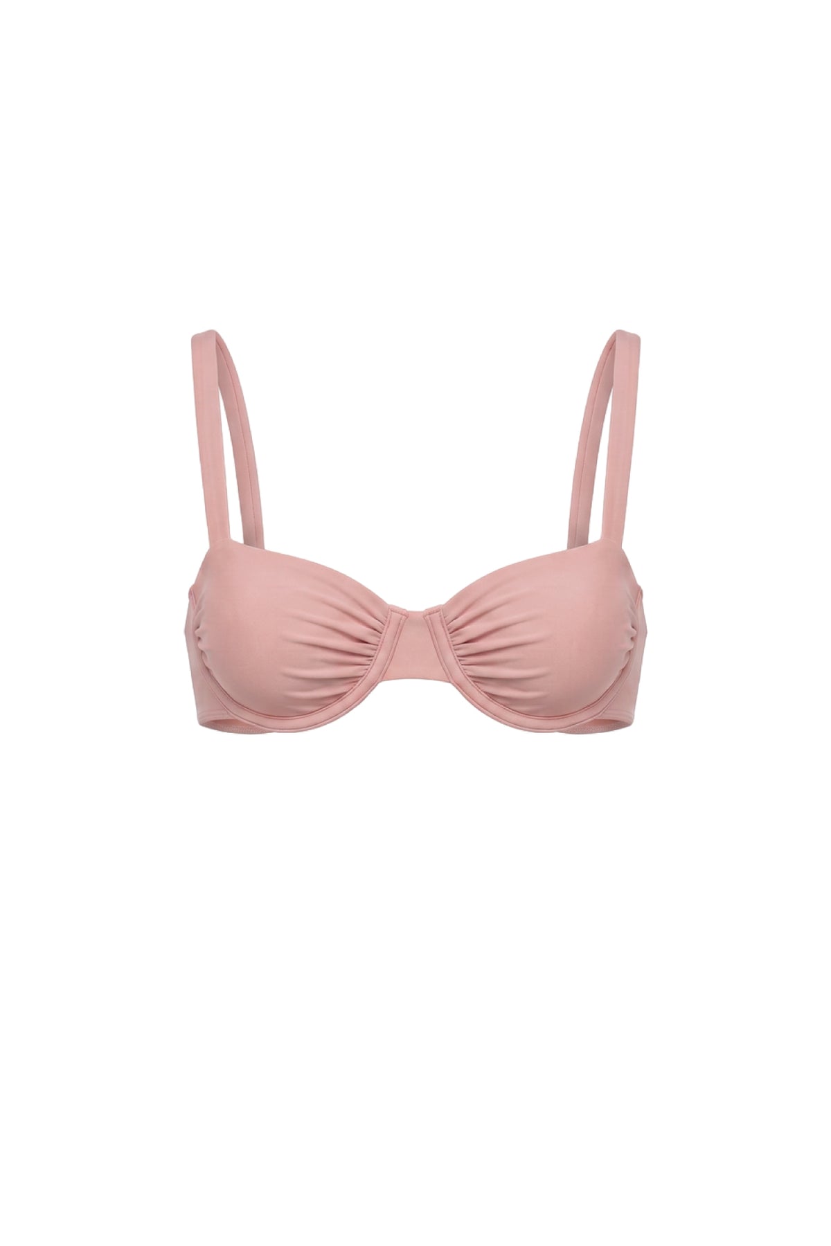 A dusty pink molded-cup bralette with thin adjustable shoulder straps and a gathered ruched center front, shown against a plain white background.