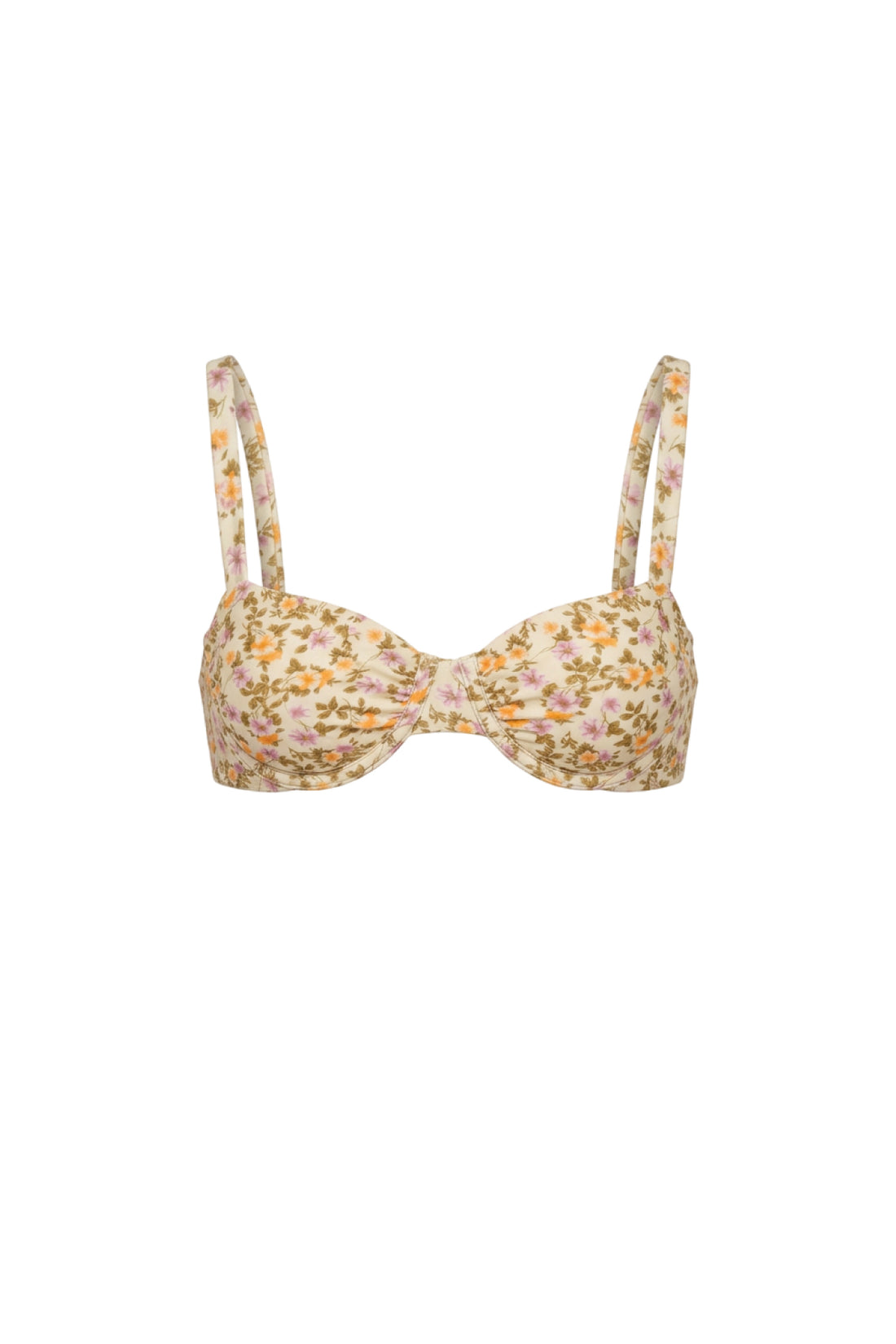 A floral print bikini top with a sweetheart neckline and thin shoulder straps, featuring a dense pattern of pink, yellow, and green flowers on a light beige background.