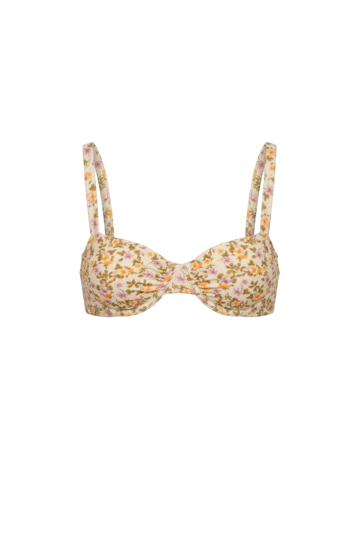 A floral print bikini top with a sweetheart neckline and thin shoulder straps, featuring a dense pattern of pink, yellow, and green flowers on a light beige background.