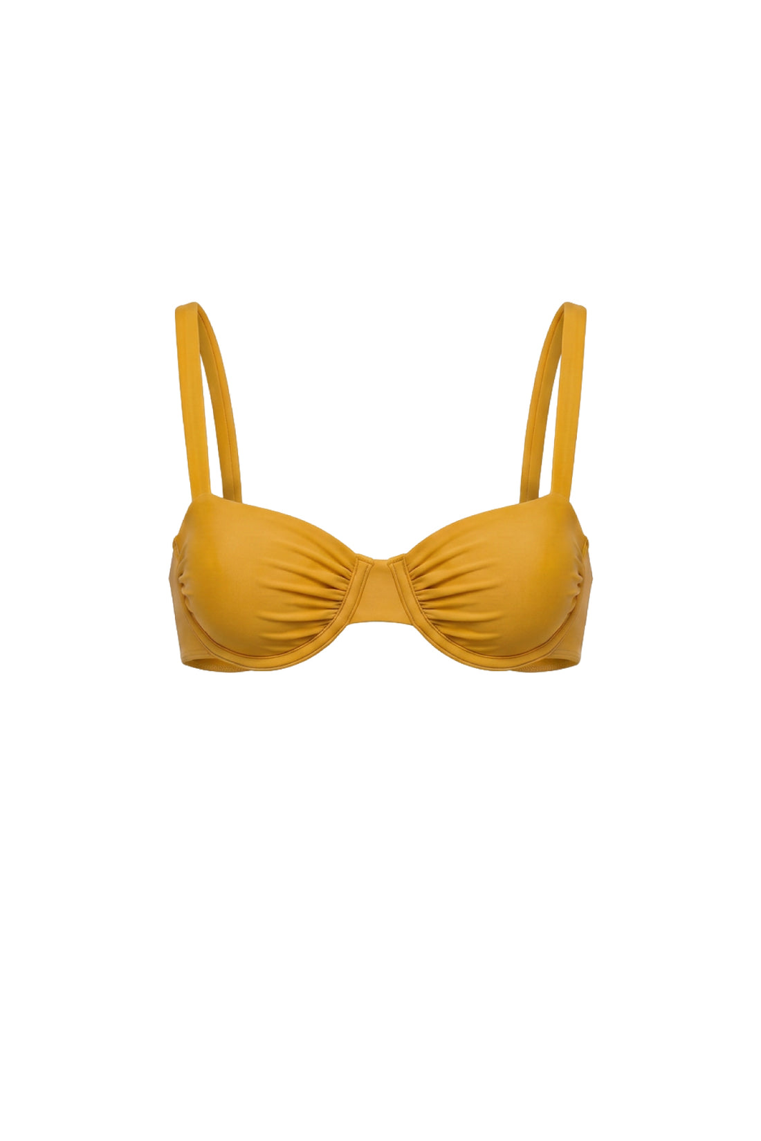 A mustard yellow bikini top with gathered, ruched cups and thin shoulder straps, shown against a plain white background.