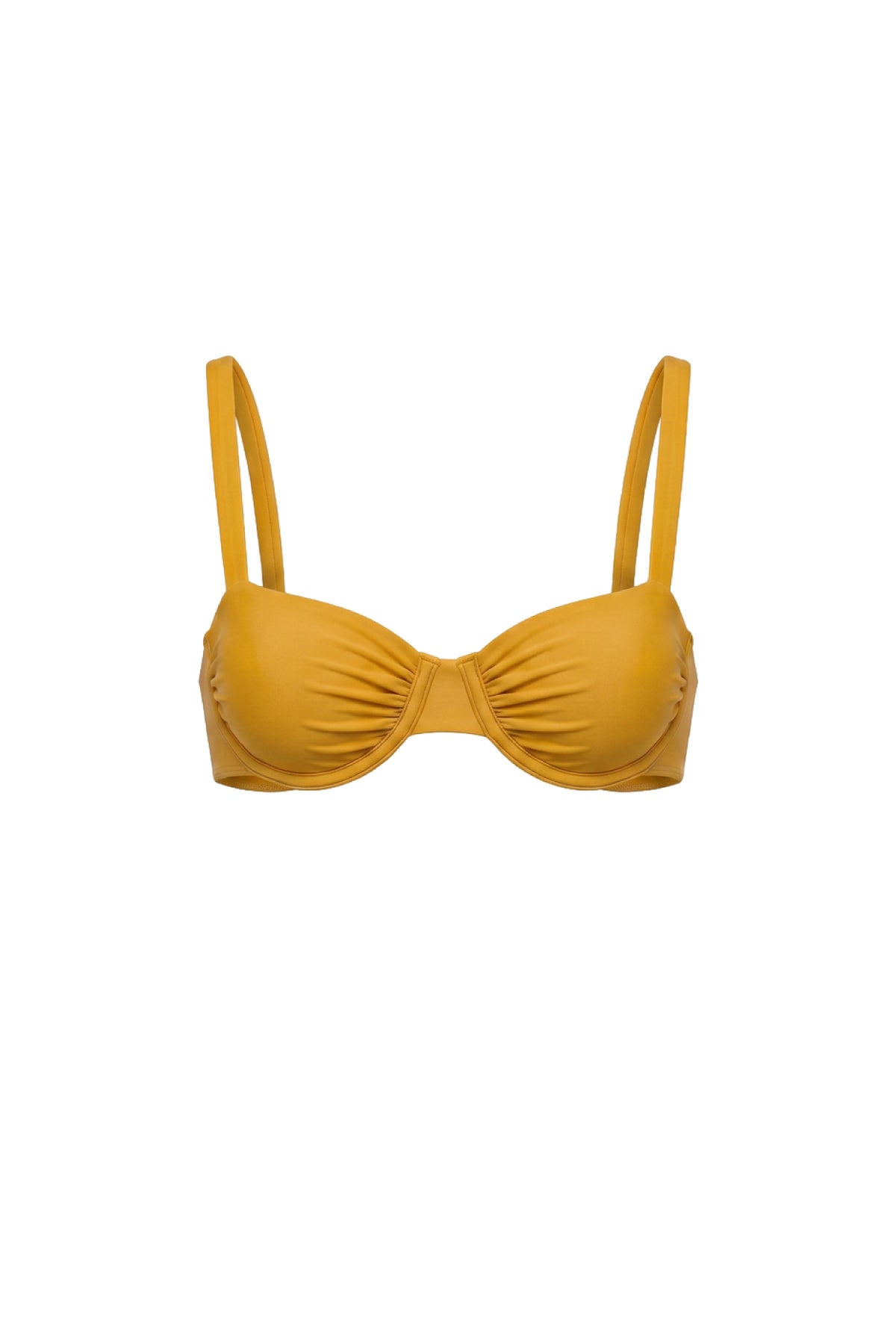 A mustard yellow bikini top with gathered, ruched cups and thin shoulder straps, shown against a plain white background.