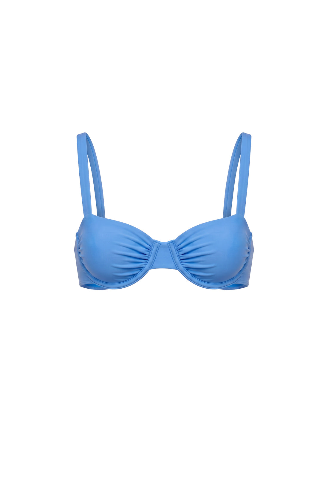 A light blue strappy bikini top with gathered cups, shown against a plain white background.