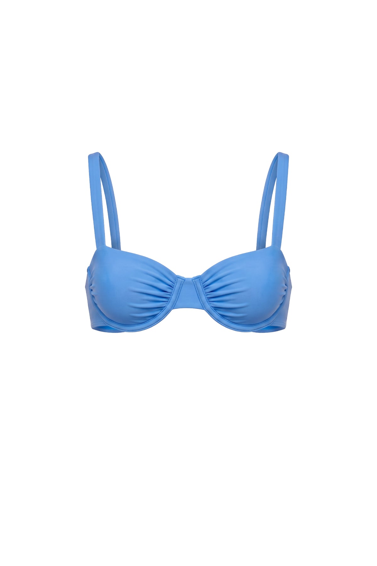 A light blue strappy bikini top with gathered cups, shown against a plain white background.
