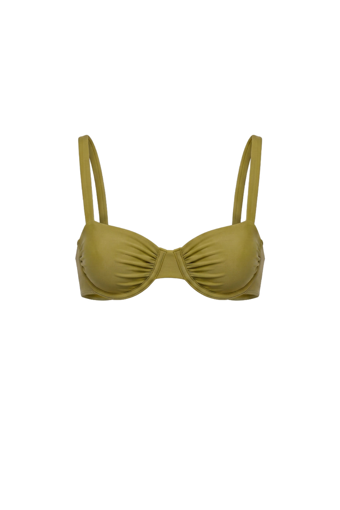 An olive green molded underwire bikini top with ruched detailing on the cups and adjustable shoulder straps, shown against a plain white background.