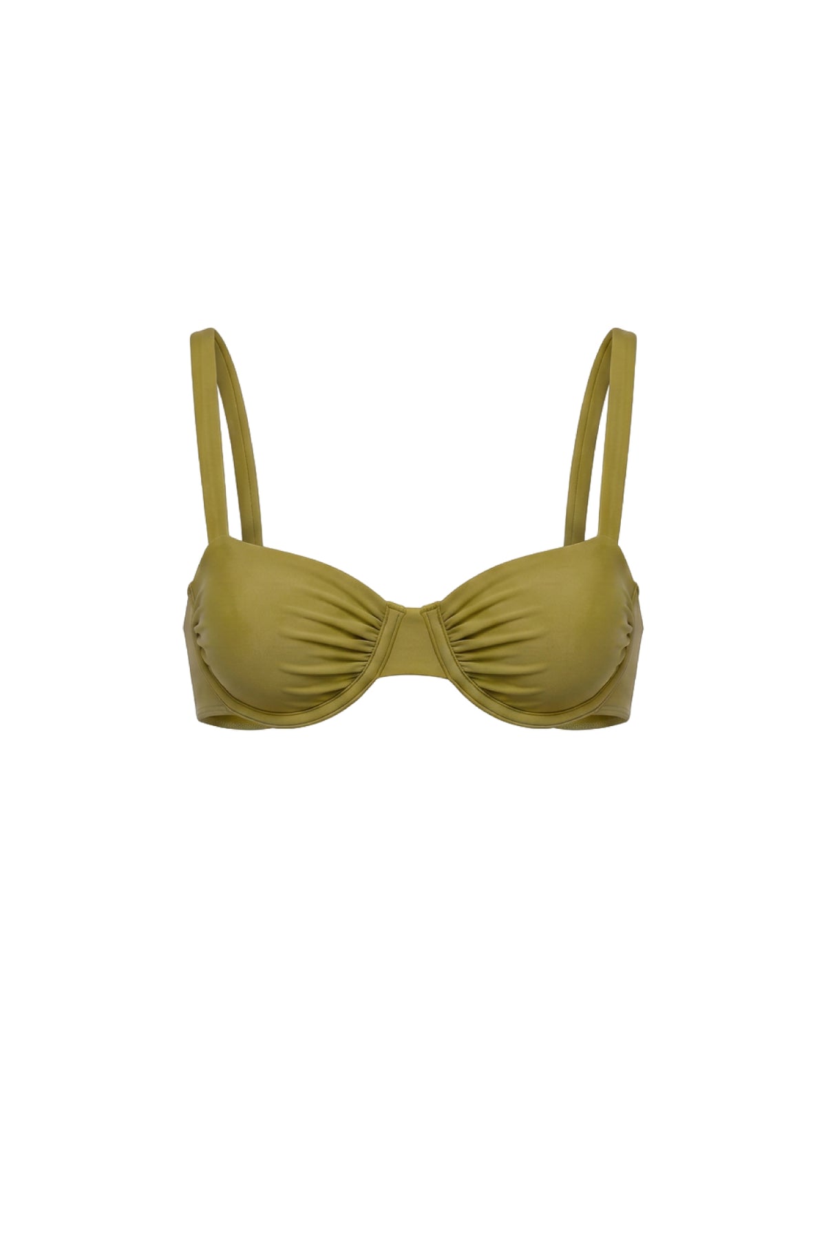 An olive green molded underwire bikini top with ruched detailing on the cups and adjustable shoulder straps, shown against a plain white background.